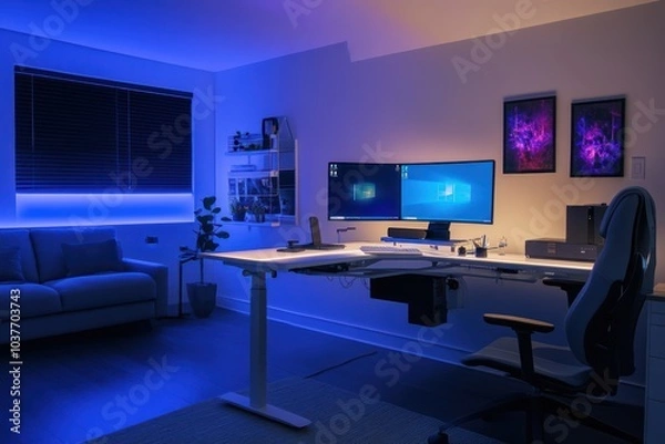Fototapeta computer room with lighting and comfortable desk chairs with wide windows