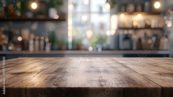Fototapeta 3D rendering of an empty wooden table countertop against a blurred abstract kitchen interior background with bokeh ideal for product display or montage Beautiful banner