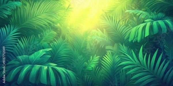 Fototapeta Sunlight filtering through lush green palm leaves, Sunlight passing through vibrant green palm foliage
