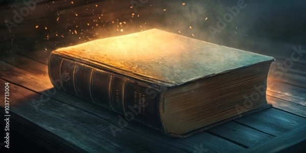 Fototapeta A glowing old book on a wooden table.