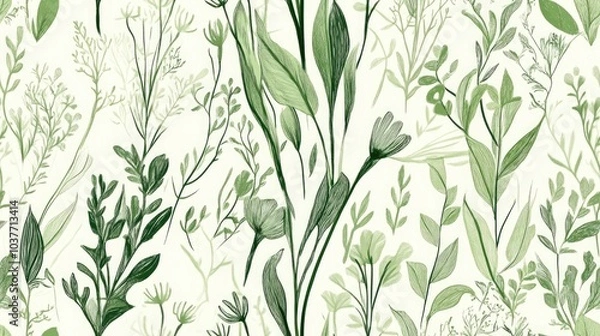Fototapeta Seamless floral illustration in a green bohemian style Hand drawn design on a light background