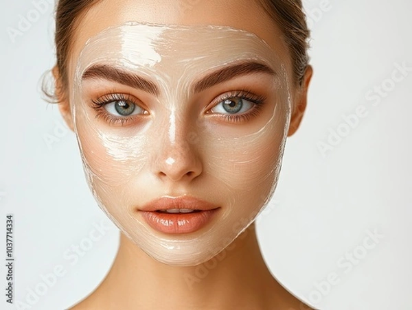 Obraz photo of a woman's face with a facial mask applied, glowing skin underneath