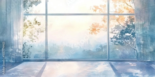 Fototapeta Window view of trees, watercolor painting.