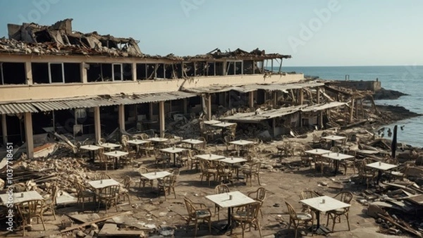 Fototapeta Destroyed beachfront restaurant with broken chairs and tables after a natural disaster	