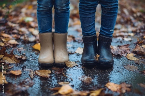 Fototapeta Two children in boots stand on rain-soaked leaves, capturing an autumn moment filled with whimsical charm and colors.