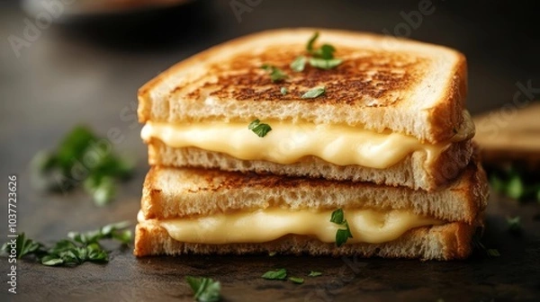 Fototapeta A mouth-watering creamy cheese grilled sandwich with a hint of parsley on the side,