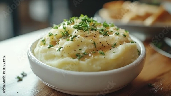 Fototapeta A side of potato salad garnished with chives and a sprinkle of black pepper,