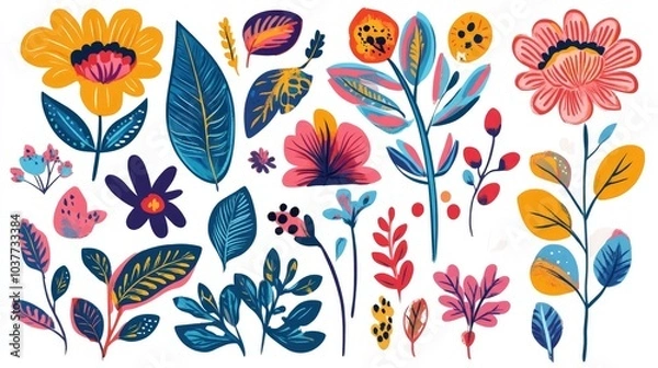 Fototapeta Collection of vibrant organic shape doodles featuring playful botanical designs whimsical tropical leaves and flower cutouts in a decorative abstract art style