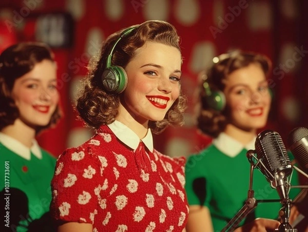 Fototapeta A vibrant scene featuring three young women in retro outfits, smiling and singing into a microphone, evoking a nostalgic 1950s vibe.