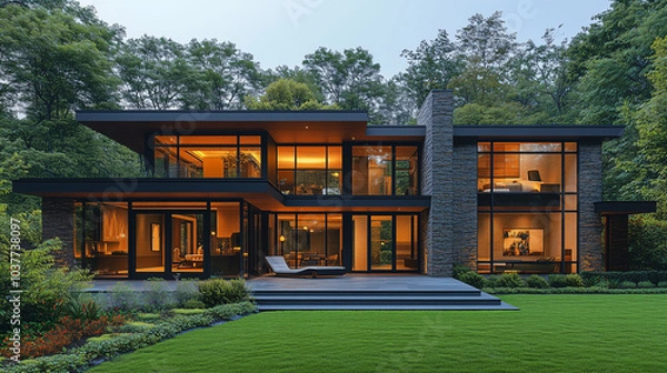 Fototapeta Wooden house in the forest with garden surrounded by trees Modern architecture and summer sky -3