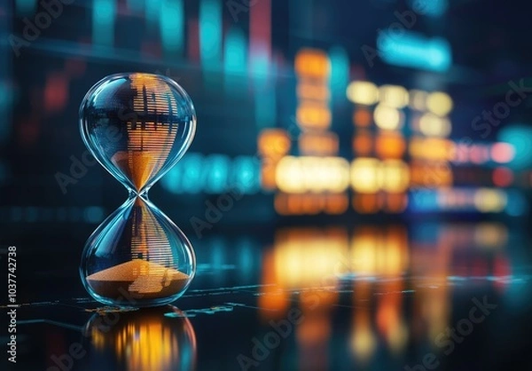 Obraz An hourglass with orange sand against a blurred financial backdrop.
