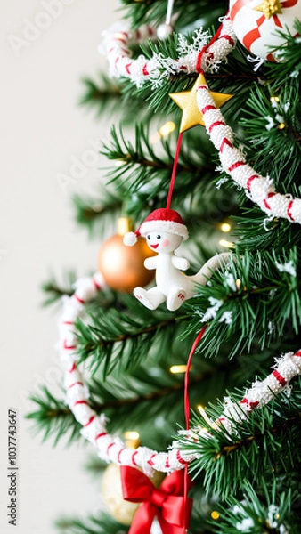 Fototapeta snowman ornament hanging on a decorated christmas tree