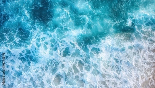 Fototapeta Ocean Waves Top View: Aerial view of ocean waves creating mesmerizing water patterns, perfect as a natural and calming background.