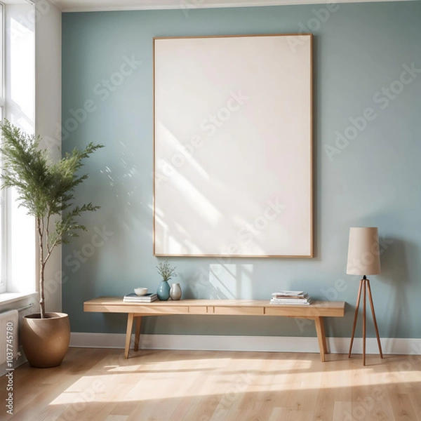 Obraz Bright and airy living room featuring Scandinavian-style minimalist furniture, natural wood accents, and a large blank frame on a pastel wall