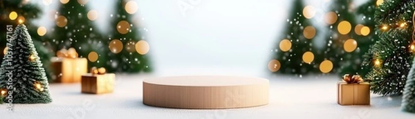 Fototapeta Wooden podium surrounded by snowy trees and festive lights, perfect for holiday presentations.