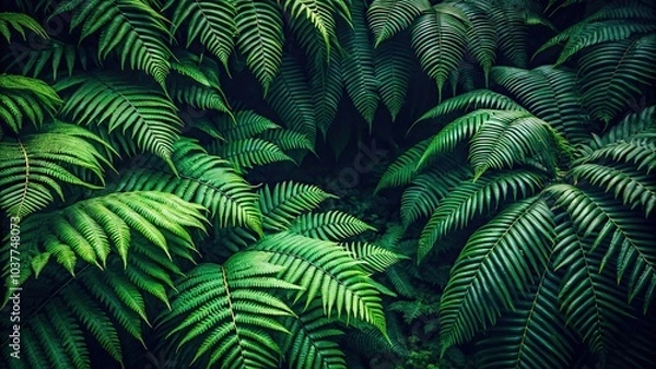 Fototapeta Macro background of tropical trees with dark green ferns, perfect as a wallpaper or backdrop
