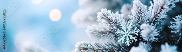 Fototapeta A Close-Up of a Frosty Pine Branch with a Snowflake
