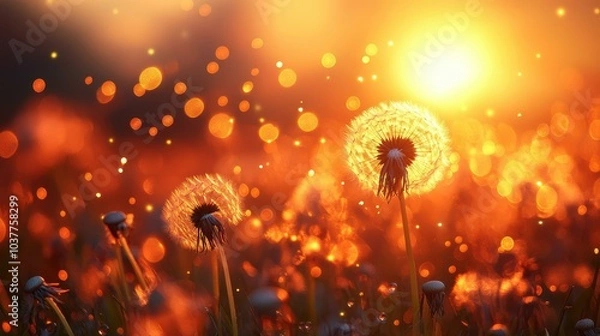 Fototapeta Experience the serene beauty of a magic dandelion field at sunset, enhanced by a dreamy bokeh effect and golden light.