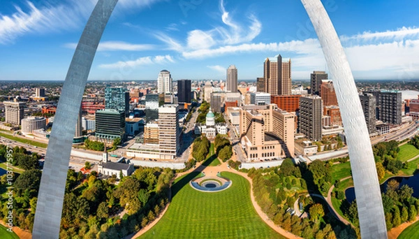 Obraz Aerial panorama of St. Louis, Missouri skyline on a sunny day, in front of the Gateway Arch park. St. Louis is an independent city in the U.S. state of Missouri.
