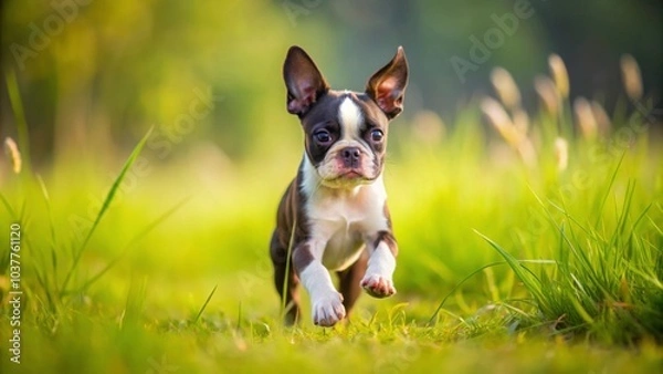 Fototapeta Playful Boston Terrier puppy dog running in a grassy field, playful, Boston Terrier, puppy, dog, running, grassy field, cute