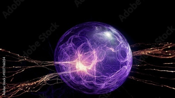 Fototapeta A depiction of ultraviolet energy as a purple orb and waves of golden energy on a black background