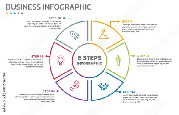 Fototapeta Visual data presentation. Cycle diagram with 6 options. Pie Chart Circle thin line infographic template with 6 steps, options, parts, segments. Business concept. Marketing infographic outline style.