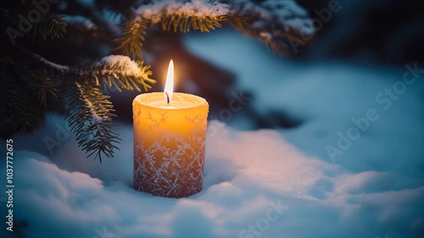 Fototapeta Warm candlelight shines gently on snow-covered ground during Advent Christmas celebrations