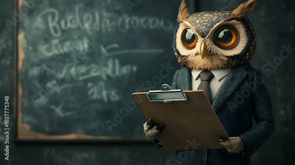 Fototapeta Owl in a business suit holding a clipboard, positioned in front of a chalkboard  -