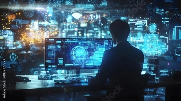 Fototapeta Businessman with computer background with technology theme hologram. Concept of hightech. Multi exposure. 