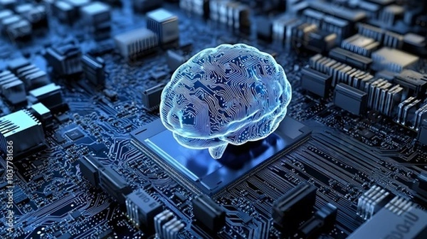 Fototapeta Brain representing critical thinking and advancement in technology and intelligence on a motherboard of a computer