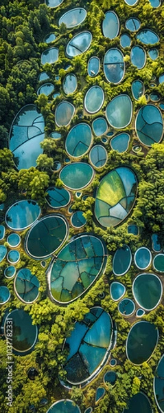 Fototapeta Aerial View of Circular Pools in Green Forest