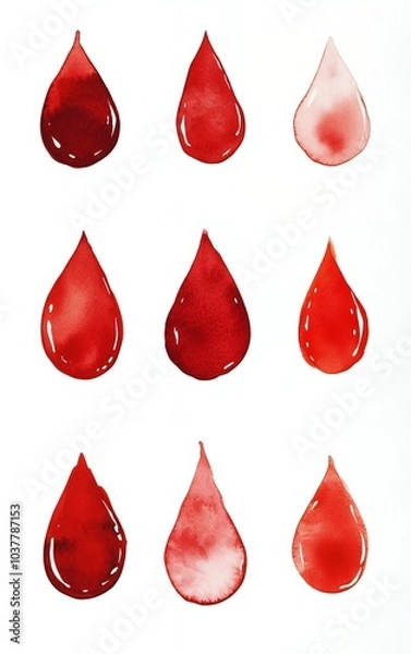 Fototapeta Nine red and pink watercolor drops in a white background. Perfect for medical or blood donation related projects.