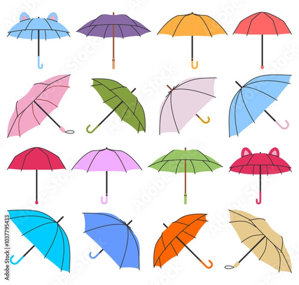 Fototapeta Set of simple colorful umbrella in handdrawn style, different umbrella vector illustration set on a white background