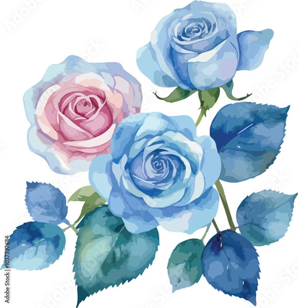 Fototapeta a watercolor painting of blue roses with leaves.