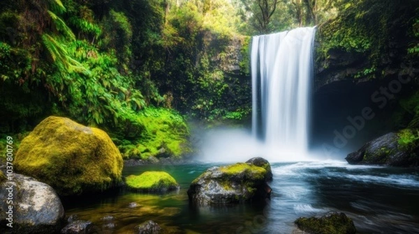 Fototapeta Misty Waterfall Cascading into Serene Pool