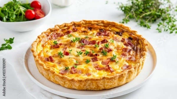 Fototapeta A savory quiche Lorraine with bacon and cheese, served in a golden crust, set on a white plate