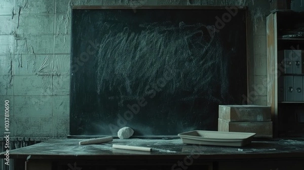 Fototapeta Empty Classroom with Dusty Chalkboard and Supplies