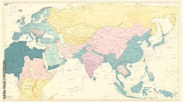 Fototapeta A contemporary map of Asia in pastel colors, with country boundaries and capitals subtly marked