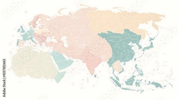 Obraz A minimal map of Asia with soft pastel colors and simple country borders, highlighting the continentâ€™s clean design