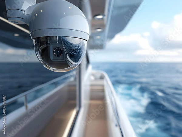 Fototapeta Surveillance camera on a yacht overlooking the ocean, providing high-tech security in a serene marine environment.