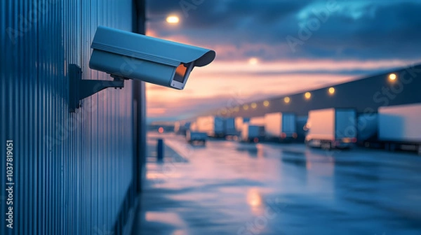 Fototapeta Surveillance camera mounted on a wall, capturing evening light over a transport area with trucks and reflections on wet ground.