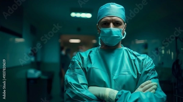 Fototapeta Surgeon Dressed in Green Surgeon Gown, Mask, Cap and Gloves in the Surgery Room. Ad Space, AI