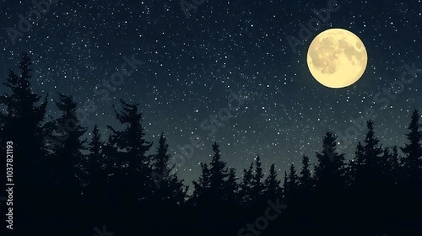 Fototapeta A night sky with a full moon glowing brightly among a sea of stars, with silhouettes of trees below