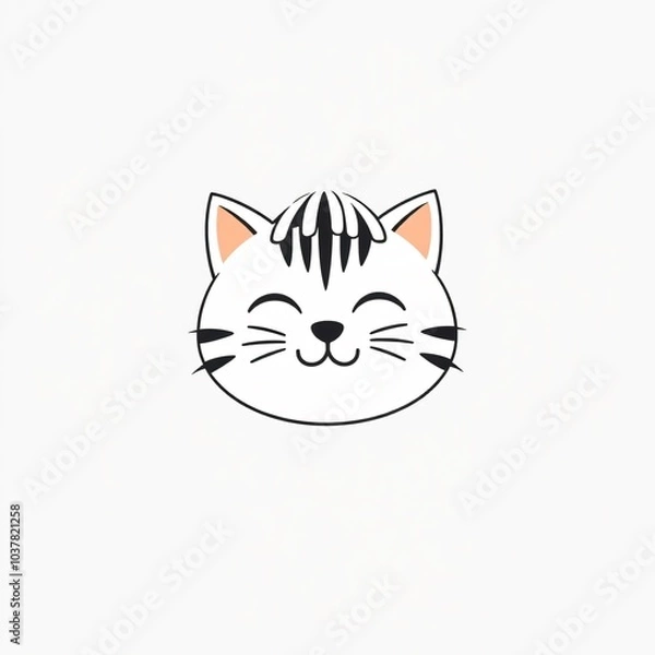 Fototapeta Cute cartoon cat face with happy expression and striped fur on a plain background