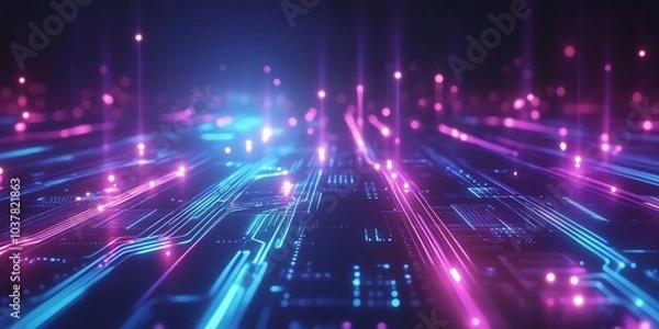 Fototapeta AI semiconductor chip with neon effect on a tech circuit background, rendered in glowing lines with a blue and purple color palette, symbolizing dvanced artificial intelligence and technology.
