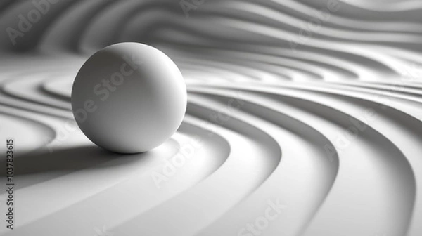 Fototapeta Minimalist 3D render of a white sphere on a curved abstract surface. Generative AI