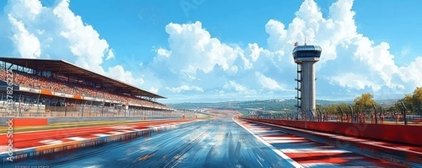 Fototapeta A vibrant racetrack scene under a clear blue sky, showcasing grandstands and a control tower.