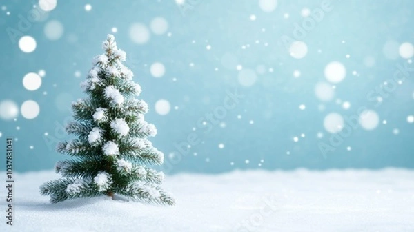 Obraz Snow-covered Christmas tree with a serene winter backdrop