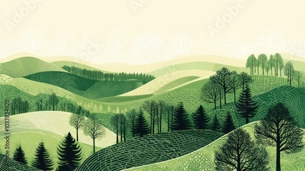Obraz A stylized illustration of a green hilly landscape with trees.