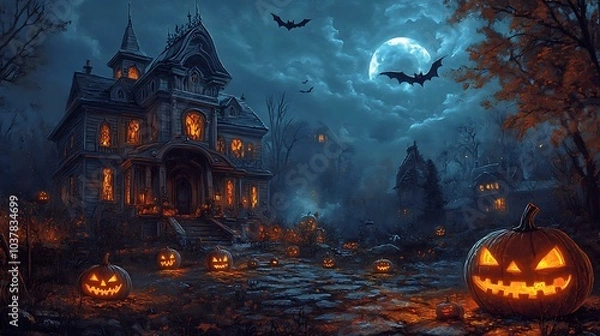 Fototapeta A spooky Halloween night with a haunted house, glowing pumpkins, and eerie bats in a vintage folk art style